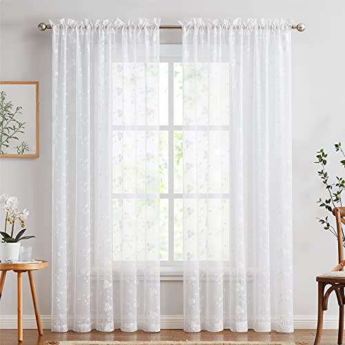 TOPICK Weiß Sheer Vorhänge 2er Set H 210 x B 140 (cm) für Wohnzimmer Bestickte Voile Fenster Vorhänge mit Floral Design Halbtransparente Gardinen für Schlafzimmer Fenster von TOPICK