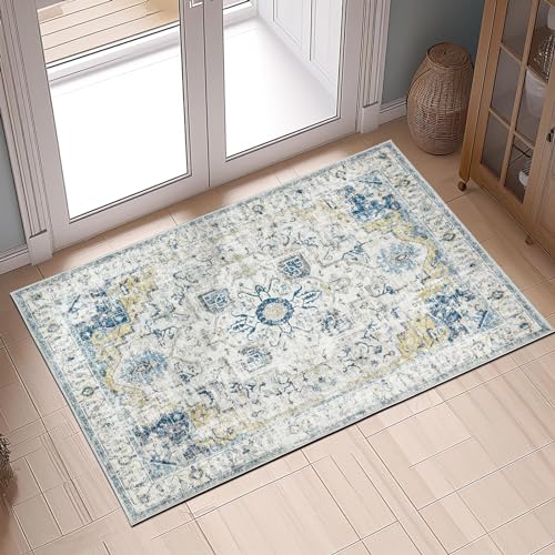 TOPICK Ziegelrot Läufer Flur Teppich Waschbar Superdünne Vintage Kurzflor Orientalischer Lang Küchenteppich Schlafzimmer Wohnzimmer Esszimmer Büro Faltbar Flower Teppichläufer Rot 90x150cm von TOPICK