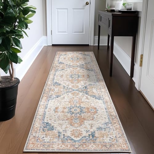 TOPICK Ziegelrot Läufer Flur Teppich Waschbar Superdünne Vintage Kurzflor Orientalischer Lang Küchenteppich Schlafzimmer Wohnzimmer Esszimmer Büro Faltbar Flower Teppichläufer Rot 90x150cm von TOPICK