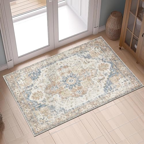 TOPICK Ziegelrot Läufer Flur Teppich Waschbar Superdünne Vintage Kurzflor Orientalischer Lang Küchenteppich Schlafzimmer Wohnzimmer Esszimmer Büro Faltbar Flower Teppichläufer Rot 90x150cm von TOPICK