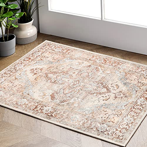 TOPICK Ziegelrot Teppich Floral Vintage Blumenteppich Faltbar Flower Kurzflor Läufer Orientalischer Dünner Teppichläufer Küchen Schlafzimmer Wohnzimmer Esszimmer Arbeitszimmer Büro Anpassbar 60x150cm von TOPICK