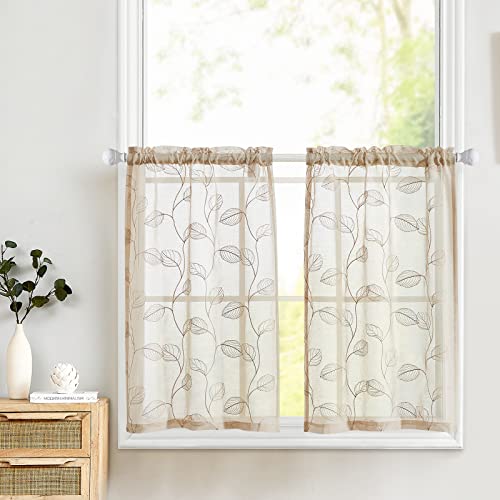 Topick Beige transparente Vorhänge für Küche, Café, Blätter, bestickt, Voile, kurze halbe Fenster, halbdurchsichtig, Wohnmobil-Vorhänge, Bauernhaus, kleine Tür, Badezimmer, 2 Paneele, Beige von TOPICK