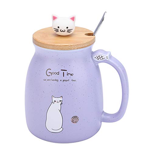 420 ml/14oz Tasse Katze Tasse Keramik Nette Katze in Keramikbecher mit Löffel und Holzdeckel Kaffeetasse (lila) von TOPINCN