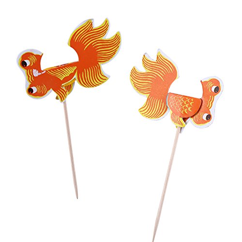 TOPINCN 50pcs Pfauenstöcke, Getränke Obstkuchen -Picks, Partyversorgungsdekorationen, Regenschirm Cocktail Zahnstocher, Feuerwerk Goldfischstangen für Sandwiches Grill Snacks Kaffee (Goldfisch) von TOPINCN