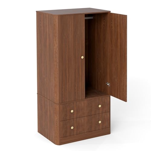 TOPINCN Kleiderschrank Organisatoren mit 2 Türen 2 Schubladen Kleidergarderobe Kleidung Aufbewahrung Eleganter Holz Freistehende Aufbewahrungsschrank für Schlafzimmer Wohnzimmer Büro (Walnussfarbe) von TOPINCN