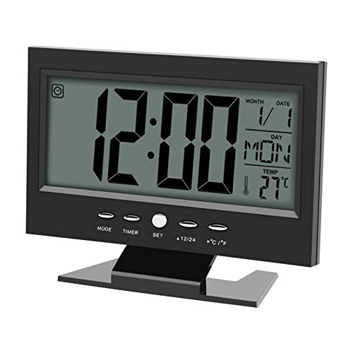 Tischuhr mit Halterung LCD Digital Sound Control Wecker mit großem Display Zeit/Kalender/Woche/Temperatur Anzeige Snooze-Büro 14.5 x 11.2cm (schwarz) von TOPINCN