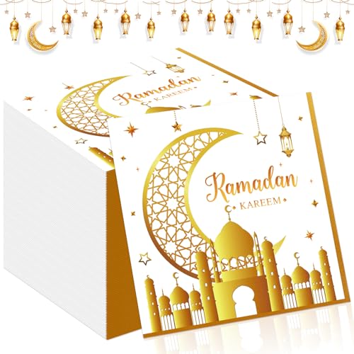 TOPJOWGA 100 Stücke Eid Mubarak Papierservietten, Ramadan Papierservietten, Servietten Gold Weiß, Stern Mond Servietten, Ramadan Tischdekoration für Party, Eid Mubarak Ramadan Dekoration, 33x33cm von TOPJOWGA