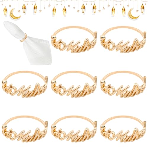 TOPJOWGA Bismillah Serviettenringe Gold, 8 Stück Eid Mubarak Letter Metall Serviettenring Set, Serviettenschnallen Tischdekoration, Alphabet Serviettenschnallen Halter für Ramadan Party von TOPJOWGA