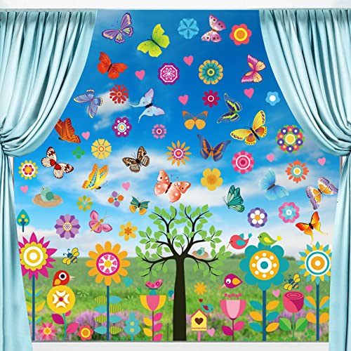 TOPJOWGA Fensterbilder Frühling Selbstklebend, 9 Blatt Fenster Klammert Blumen Schmetterling Fenster, Anti-Kollision Aufkleber Fenstersticker Blumen Fensterdeko, Wandaufkleber für Kinderzimmer Deko von TOPJOWGA