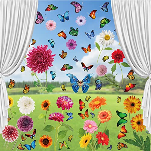 TOPJOWGA Fensterbilder Frühling Selbstklebend, 9PCS Fenster Klammert Blumen Schmetterling Fenster, Anti-Kollision Aufkleber Fenstersticker Blumen Fensterdeko, Wandaufkleber für Kinderzimmer Deko von TOPJOWGA