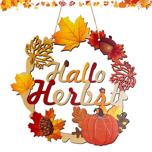 TOPJOWGA Hallo Herbst Türkranz aus Holz, Herbst Kränze zum Aufhängen Haustür Fenster, Holz Herbst Türkranz Thanksgiving Herbstdeko Ornamente für Haustür Fenster Wand Kamin von TOPJOWGA