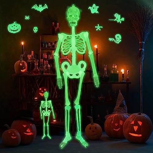 TOPJOWGA Halloween Hanging Luminous Skeleton Decorations, 2PCS Halloween Leuchtend Skelett 90cm+30cm, 8PCS Leuchtender Wandaufkleber, Halloween Leuchtender Volle Menschliche Körper Schädel Requisiten von TOPJOWGA