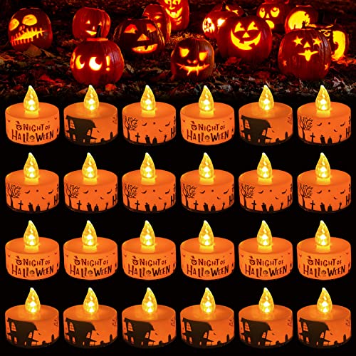 TOPJOWGA Halloween Kürbis Teelichter Kerzen, 24PCS Kürbis Kerzen Flammenlose, Halloween Kerzen Kürbis Lichter, LED Flammenlose Kerzen Batterie Dekoration für Halloween Party Weihnachten (24PCS) von TOPJOWGA