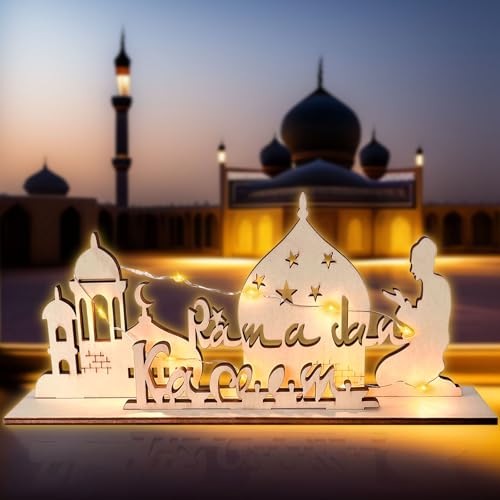 TOPJOWGA Holz Eid Mubarak Tischdekoration, Ramadan Mond Nachtlicht, Ramadan Mubarak Dekoration, Mond Stern Ramadan Lampe Licht, Muslimische Festival Tischdekoration Ramadan Dekoration von TOPJOWGA