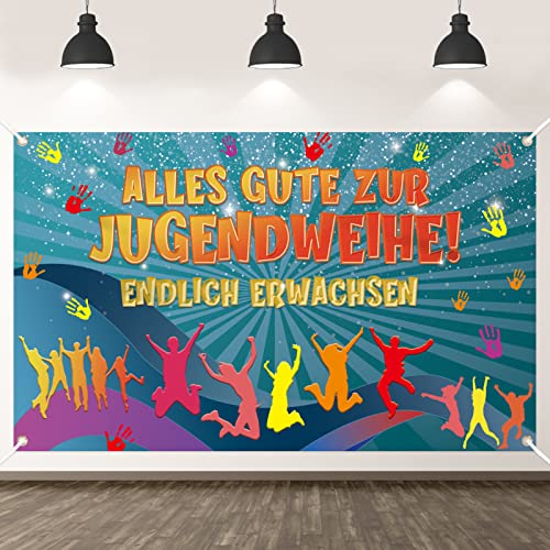 TOPJOWGA Jugendweihe Deko, 180 x 110 cm Endlich Erwachsen Banner, Alles Gute zur Jugendweihe Banner, Hintergrund Banner, Banner Hängende Deko, Banner Girlande Dekorationen Mädchen Junge von TOPJOWGA