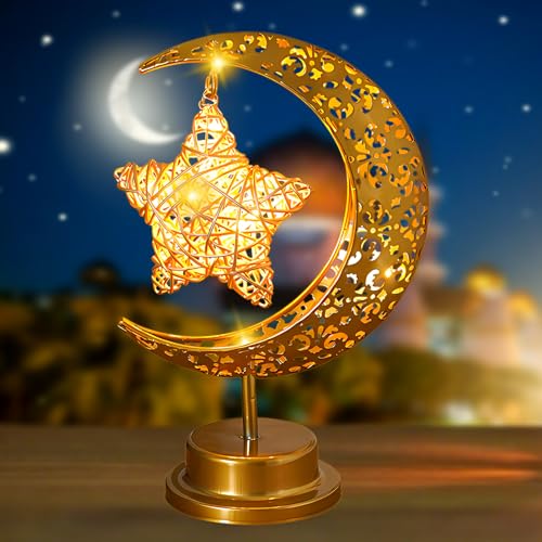 TOPJOWGA LED Ramadan Lichter Mondlampe, Eid Mubarak Mond Nachtlicht, Ramadan Eid Mubarak Dekoration, Eisen Ramadan Halbmond Lampe, Mond Stern Tischlampe, Islam Mubarak Dekoration LED Lamp von TOPJOWGA