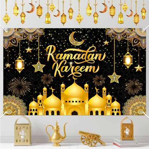TOPJOWGA Ramadan Kareem Banner, Eid Mubarak Banner, Ramadan Mubarak Hintergrund Banner, Schwarz Gold Ramadan Deko, Muslimische Ramadan Dekoration, Stern Mond für Muslim Islamic Party Dekoration von TOPJOWGA