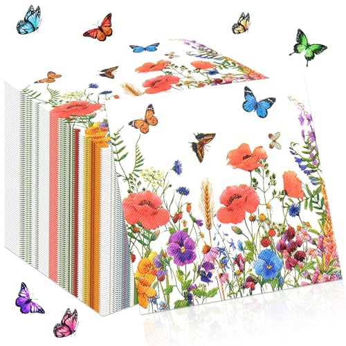 TOPJOWGA Serviette Papierserviette, 100 Stücke Servietten Blumen, Servietten Frühling Schmetterlinge, Servietten Blumenwiese, Blumenkranz Servietten Tischdekoration für Party Dekoration, 33x33cm von TOPJOWGA