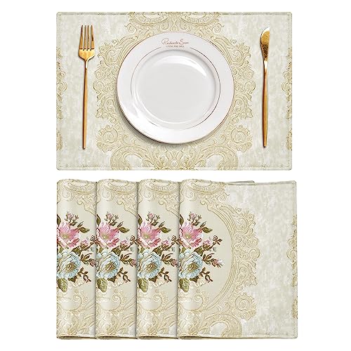 TOPLUXE Platzsets 4er Sets Florales Tischset Abwaschbar 30x45cm Platz-Matten für Esstisch Urlaub Party Wohnzimmer Dekoration (Beige) von TOPLUXE