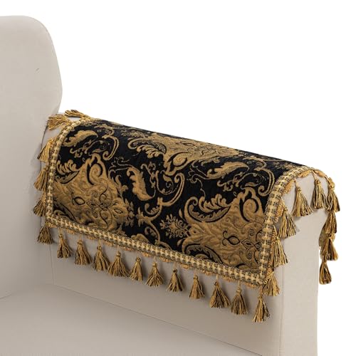 TOPLUXE Sofa-Armlehnenbezüge 2er, Anti-Rutsch Armlehnenschoner mit Quasten, Damast-Möbelschutz für Sessel Couch Relaxsessel 50x60cm (Schwarz) von TOPLUXE