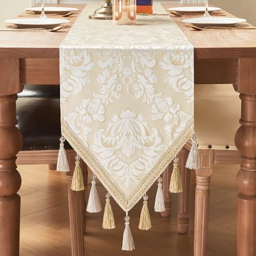 TOPLUXE Tischläufer mit Quasten, Florale Tischdecke für Esstisch Urlaub Party Wohnzimmer Dekoration (33x180cm, Beige & Weiß) von TOPLUXE