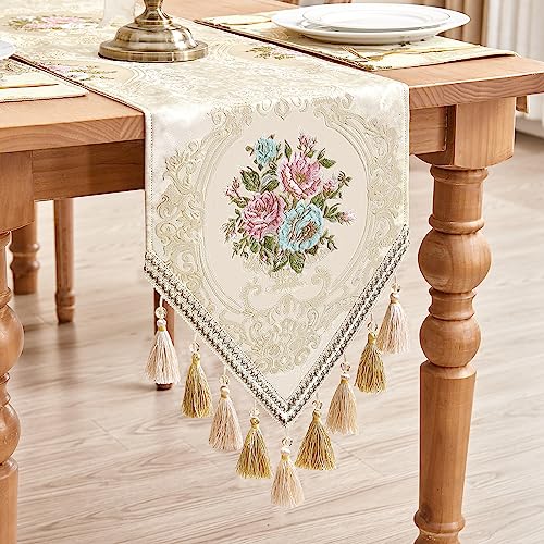 TOPLUXE Tischläufer mit Quasten, Florale Tischdecke für Esstisch Urlaub Party Wohnzimmer Dekoration (33x274cm, Beige) von TOPLUXE