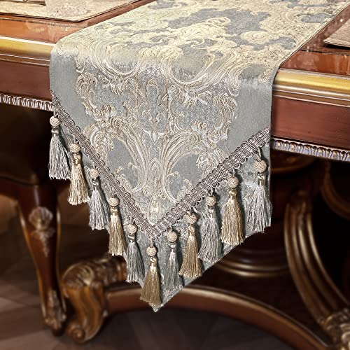 TOPLUXE Tischläufer mit Quasten, Jacquard Tischdecke für Esstisch Urlaub Party Wohnzimmer Dekoration (33x180cm, Hellgrau) von TOPLUXE