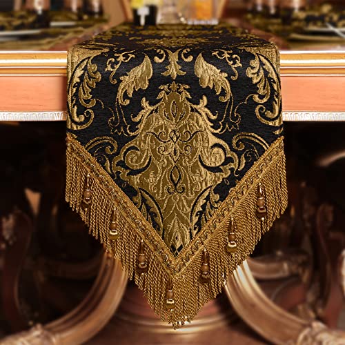 TOPLUXE Tischläufer mit Quasten, Jacquard Tischdecke für Esstisch Urlaub Party Wohnzimmer Dekoration (33x180cm, Schwarz) von TOPLUXE
