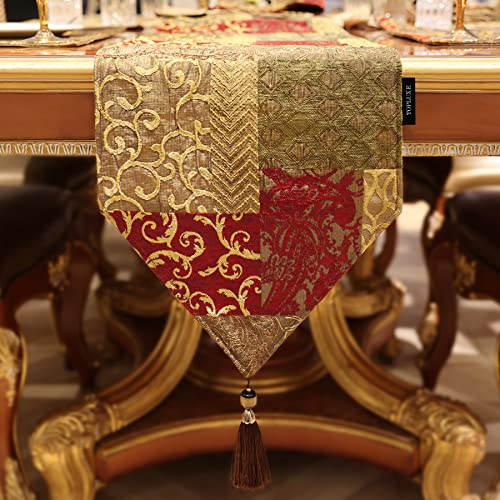 TOPLUXE Tischläufer mit Quasten, Jacquard Tischdecke für Esstisch Urlaub Party Wohnzimmer Dekoration (33x228cm, Goldrot) von TOPLUXE