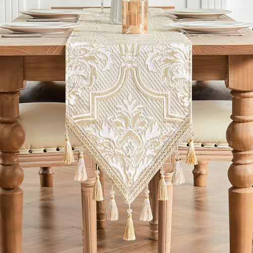 TOPLUXE Tischläufer mit Quasten, Jacquard Tischdecke für Esstisch Urlaub Party Wohnzimmer Dekoration (33x228cm, Weiß & Gelb) von TOPLUXE