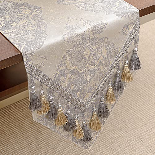 TOPLUXE Tischläufer mit Quasten, Jacquard Tischdecke für Esstisch Urlaub Party Wohnzimmer Dekoration (33x274cm, Beige) von TOPLUXE