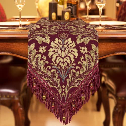 TOPLUXE Tischläufer mit Quasten, Jacquard Tischdecke für Esstisch Urlaub Party Wohnzimmer Dekoration (33x274cm, Rot) von TOPLUXE