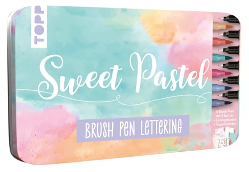 Topp Designdose Brush Pen Lettering Sweet Pastel 14-teilig für Papier und Karton Fineliner Stift Marker Highlights Set, Gelb, Orange, Rosa, Hellgrün, Hellblau, Grau von TOPP