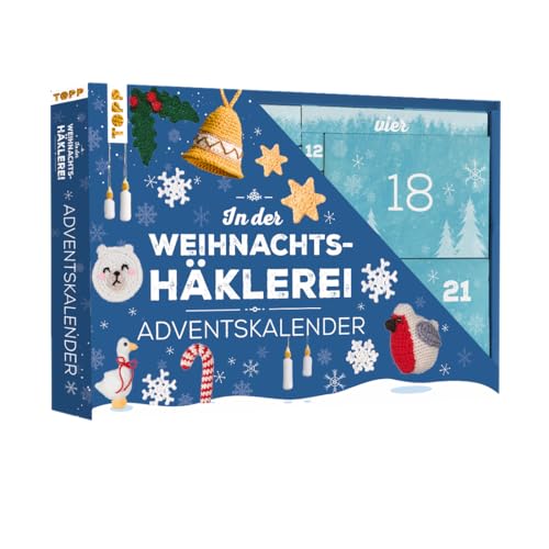 In der Weihnachtshäklerei - Der Adventskalender mit Material und Anleitungsbuch für 24 Häkelprojekte: Box (38,5 x 26,5 x 5 cm) mit 24 kleinen Boxen, Garn (100 % Acryl), Zubehör für 24 Häkelprojekte von TOPP
