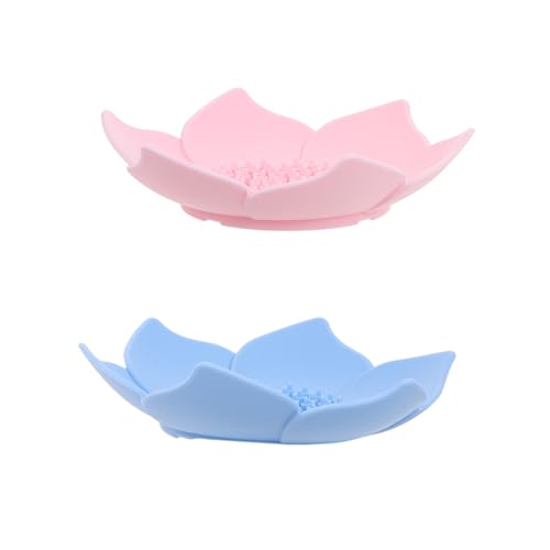 TOPPERFUN 2 Stück Silikon Seifenschale Lotusform mit Ablauf Selbstentwässernd Schaumförderndes Design Langlebig rutschfest für Badezimmer Waschbecken und Küchenspüle Farbiges Blau und Rosa von TOPPERFUN