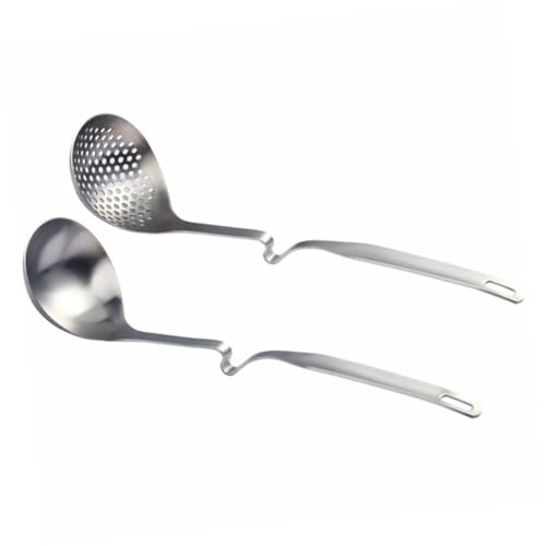 TOPPERFUN 2 Stück Teiliges Edelstahl Hängendes Sieblöffel mit Schlitzsieb und Suppenkelle Langer Griff mit Haken zum Servieren von Hotpot Suppen Eintöpfen und Nudeln von TOPPERFUN
