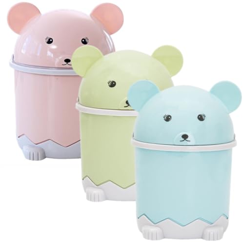 TOPPERFUN 3Stücke Mini Müllbehälter mit Deckel Cartoon Schreibtisch Mülleimer für Zuhause Badezimmer und Büro als Blau Grün und Rosa von TOPPERFUN