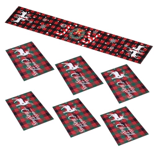 TOPPERFUN 7 STK. Teiliges Weihnachts-tischläufer-Set mit Hitzebeständigen Platzsets aus Polyester Festliche Winter-tischdeko für Familienessen und Weihnachtsfeiern Geeignet für Innen von TOPPERFUN