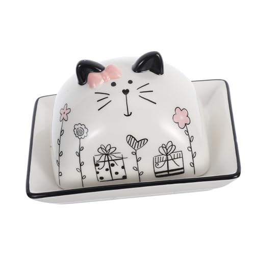 TOPPERFUN Keramik Butterdose mit Deckel Cartoon Katzenmotiv Butterplate mit Glatter Oberfläche Vielseitig für Butter Käse Desserts Hygienisch und Leicht zu Reinigen für Küche und von TOPPERFUN