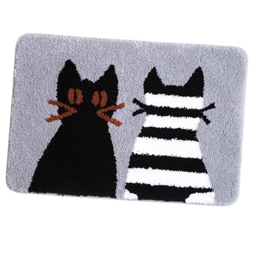 TOPPERFUN rutschfeste Badematte mit Katzenmuster Weiche Mikrofaser Saugfähige Antirutsch Badezimmerteppich Waschbarer Badvorleger für Dusche Flur Küche Graue Fußmatte von TOPPERFUN
