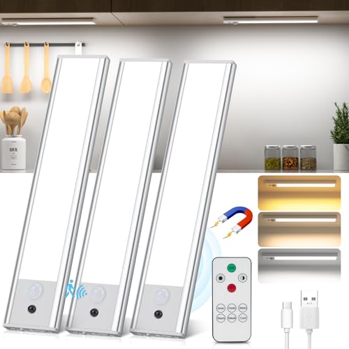 Schrankbeleuchtung 3 Stück, Unterbauleuchte Küche LED mit Fernsteuerung, 3 Farbtemperaturen Led Lampe und Dimmbar Bewegungsmelder Licht für Treppenbeleuchtung/Vitrine/Flur/Küche/Kleiderschrank von TOPPLEE