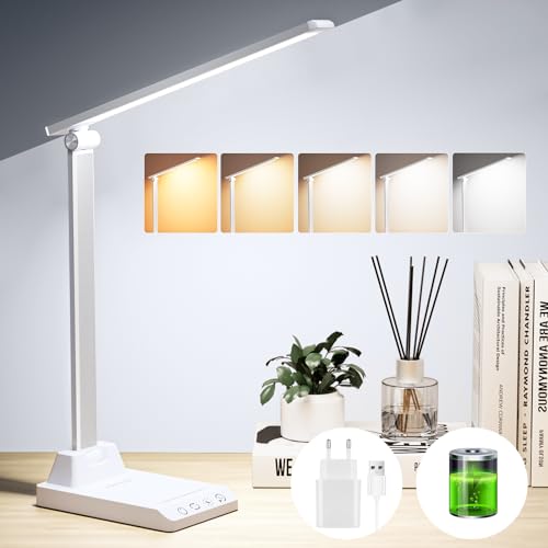 Schreibtischlampe LED Dimmbar - Tischlampe Schreibtischlampe Akku Kabellose mit 2500 mAh Wiederaufladbarem Akku, 5 Farben und 10 Helligkeitsstufen, USB Ladeanschluss, Bürolampe für Kinder Büro, Weiß von TOPPLEE