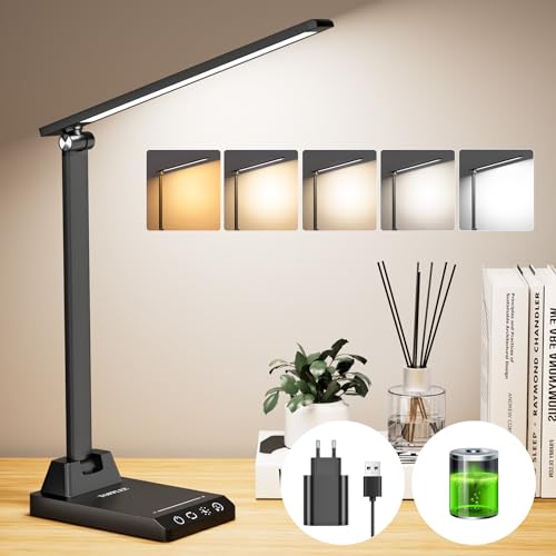 Schreibtischlampe LED Dimmbar - Tischlampe Kabellose mit 2500 mAh Wiederaufladbarem Akku, 5 Farben und 10 Helligkeitsstufen, USB Ladeanschluss, Bürolampe LED Schreibtischlampe für Kinder Büro, Schwarz von TOPPLEE
