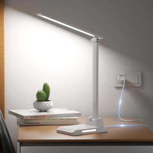 TOPPLEE Schreibtischlampe LED Dimmbar, LED Tischlampe mit 5 Farben und 10 Helligkeitsstufen, USB Ladeanschluss, Nachtlicht, Timer, Touch Steuerung, Schreibtischlampe Kinder für Lektüre Büro, Weiß von TOPPLEE