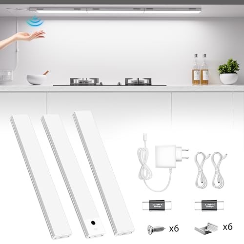 TOPPLEE Unterbauleuchte Küche LED, 30cm*3 Stück, Dimmbare Led Lichtleiste mit Berührungslosem Sensor, 1100lm Superhell, Kaltweiß 6000K, Geeignet für Küchen, Werkbänke, Schreibtische und Vitrinen von TOPPLEE