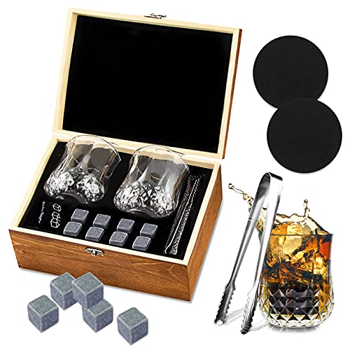 TOPSEAS Whisky Steine Set,Whisky Eiswürfel,8 Eiswürfel wiederverwendbar,mit 2 Whiskey Gläsern 200ML+2 Untersetzer+Holzkiste+Samtbeutel+Zange,Whisky Stein Set/Whiskey Steine Set,Geschenkbox für Herren von TOPSEAS