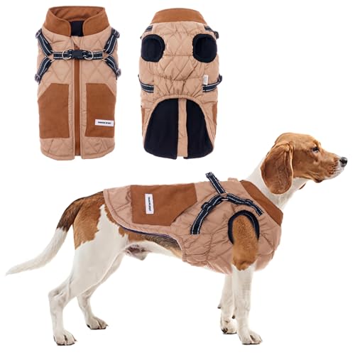 TOPSOSO Hundejacke Warme Hundemantel Winter mit Geschirr Winterjacke für Hunde Reißverschluss Reflektierenden Streifen Doppel-D-Ring Hunde Winterweste Mode Patchwork für Mittlere Hunde(Khaki XL) von TOPSOSO