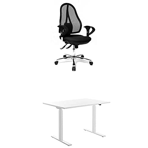 TOPSTAR Bundle Open Point SY Deluxe, Bürostuhl, inkl. Armlehnen (höhenverstellbar), Stoff, schwarz E-Table Höhenverstellbarer Schreibtisch, Holz, Weiss/Weiss, 120x80 von TOPSTAR