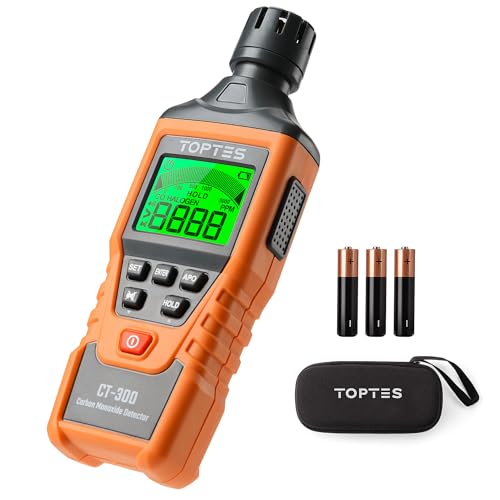 TopTes CT-300 Tragbarer CO-Detektor, CO-Detektor mit akustischem und optischem Alarm, 0-5000PPM, hintergrundbeleuchtetes Display, für Haus, Auto, Camping & Reisen (inkl. Batterie x3) - Orange von TOPTES