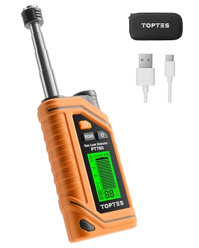 TopTes PT760 Wiederaufladbarer Erdgas-Detektor, Gaslecksuchgerät mit 30 cm ausziehbarem Sonde,%LEL Propanglecksuchgerät mit eingebauter Taschenlampe für Methan,Butan, brennbare Gase für Zuhause-Orange von TOPTES